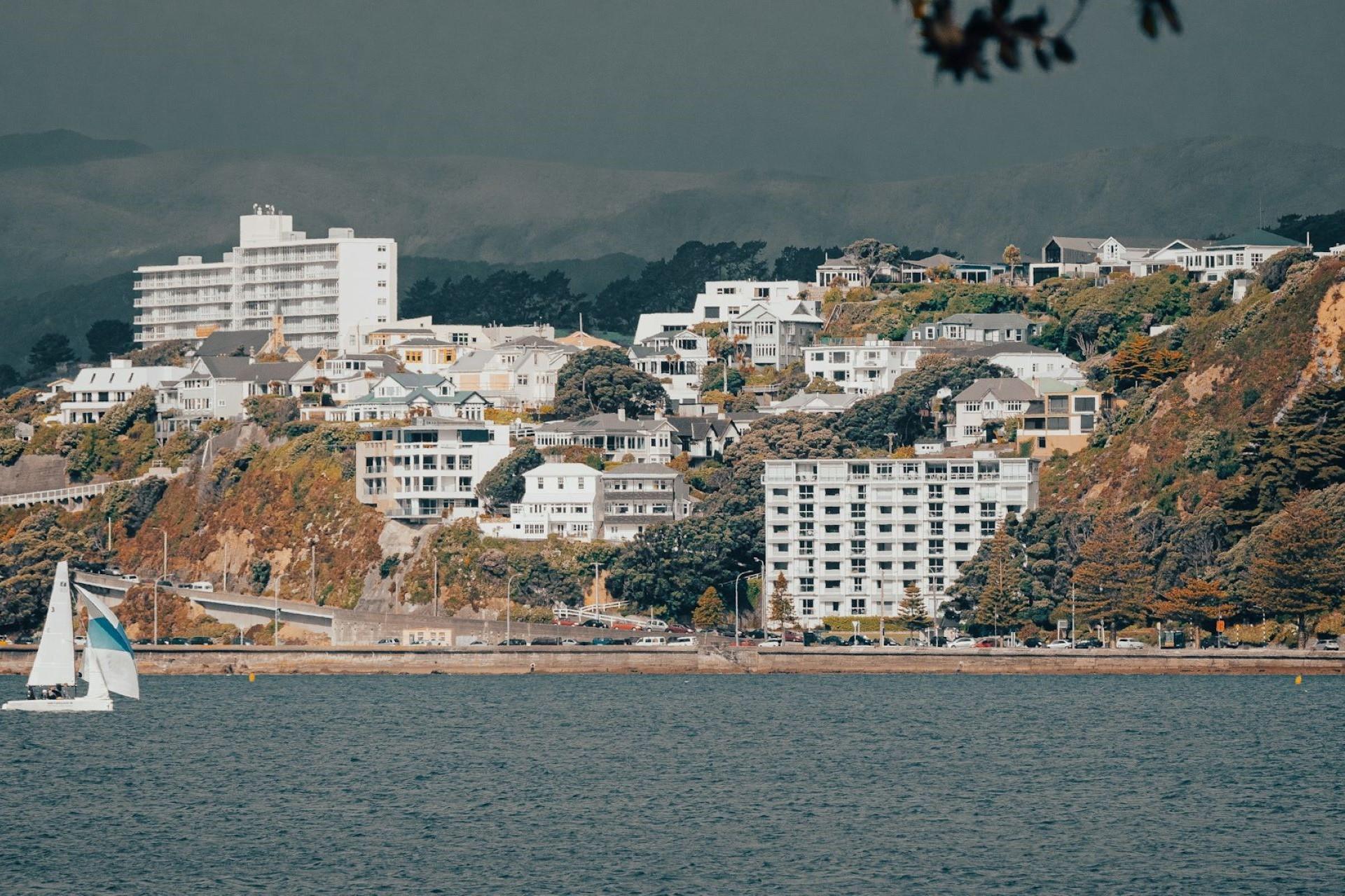 A view of Wellington, New Zealand from the sea.