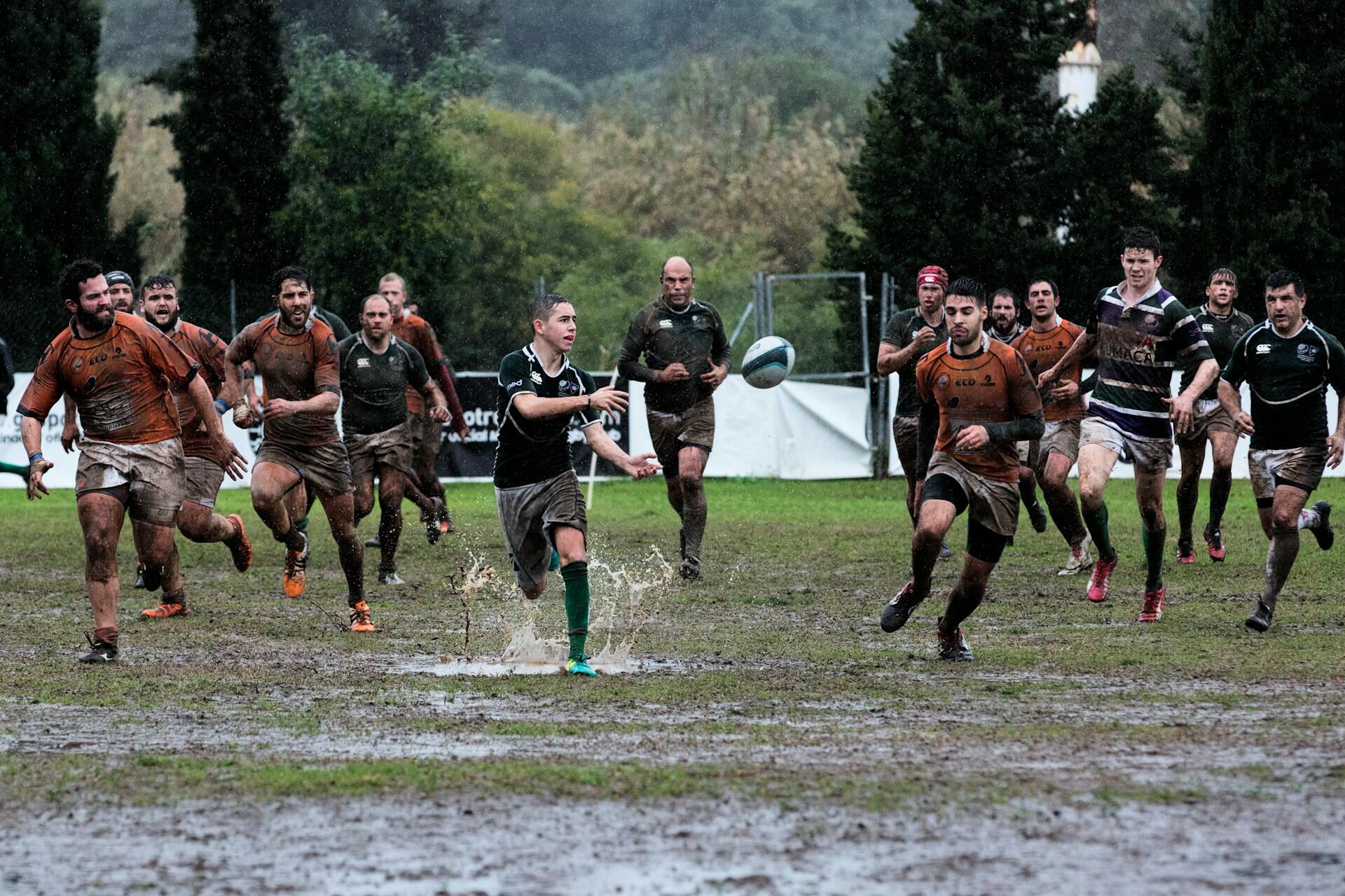 A muddy rugby match.