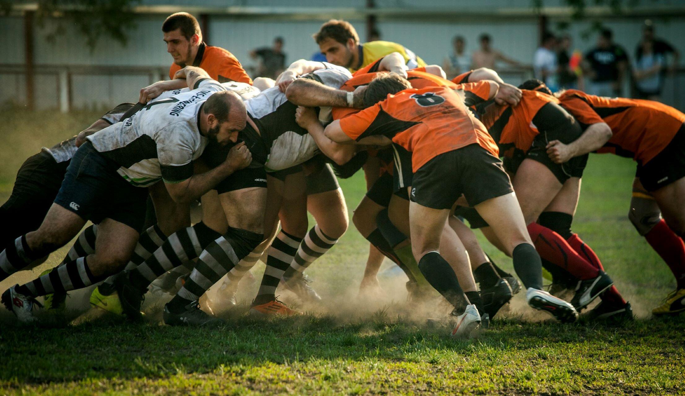 Rugby players in a scrum.