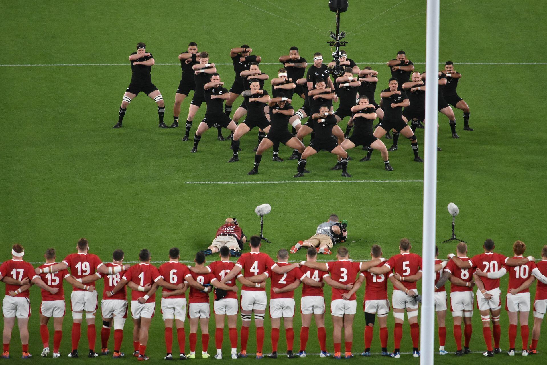 The All Blacks performing the haka against Wales.