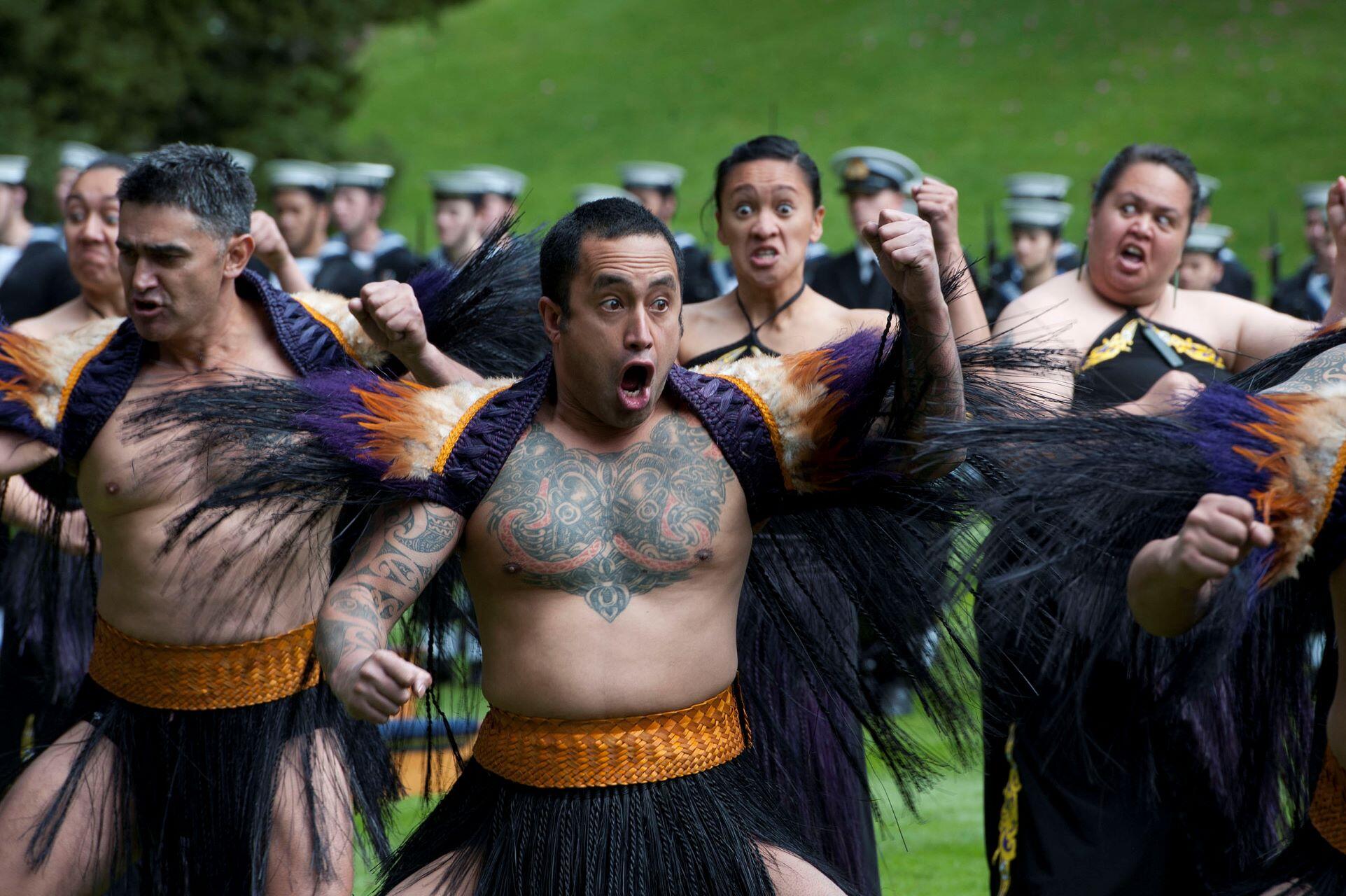 A haka being performed at a powhiri.