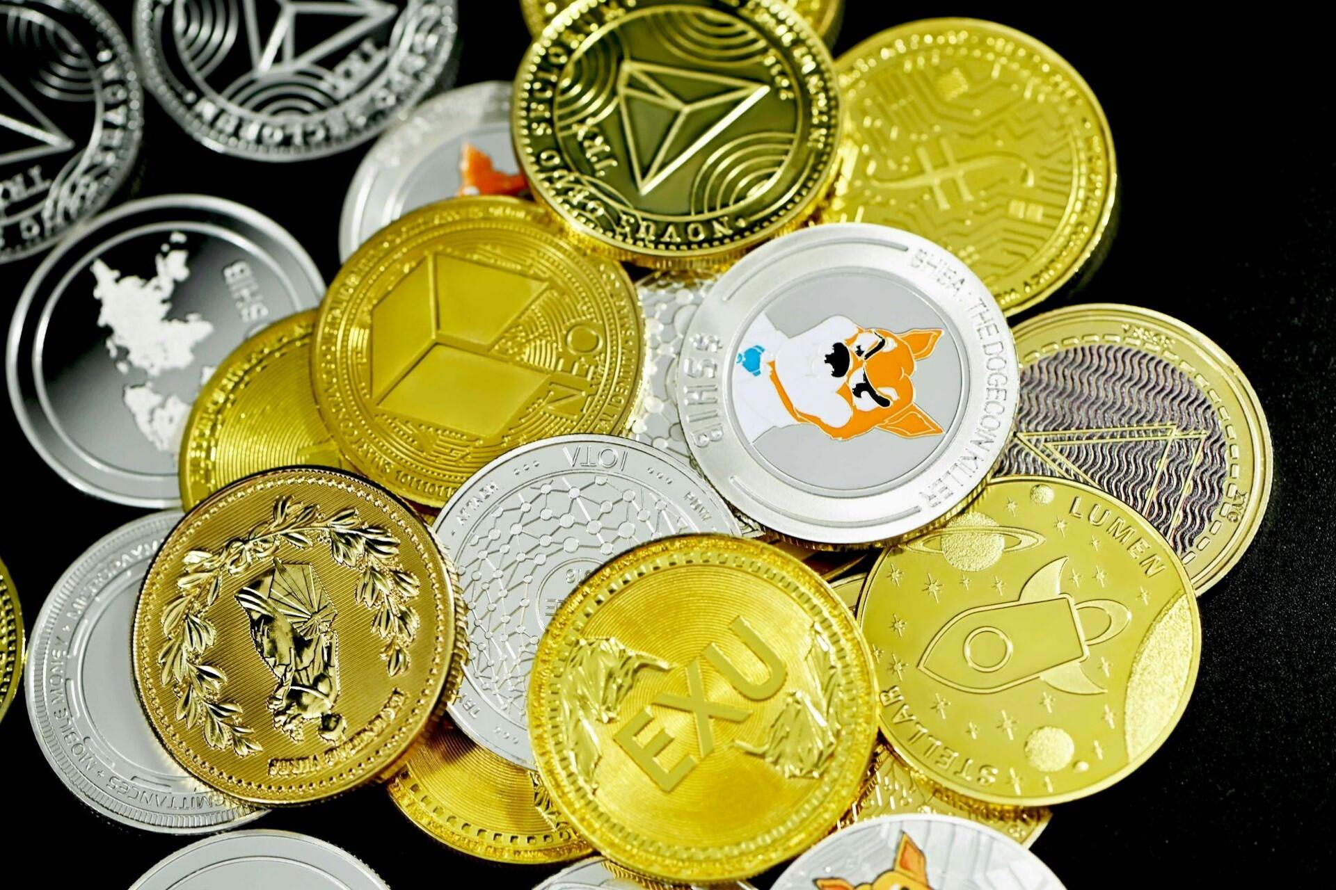 Various cryptocurrency coins.