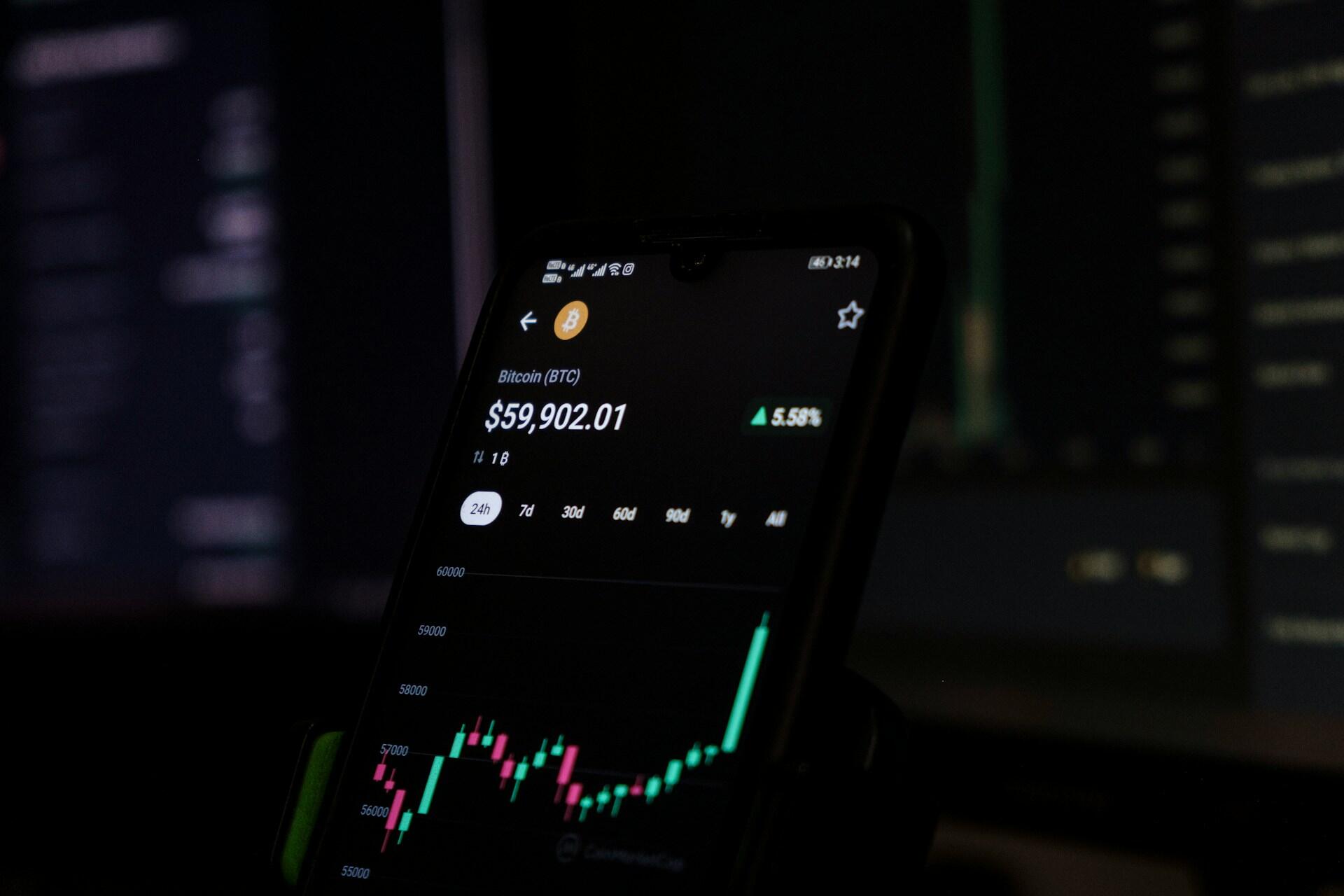 A smartphone with Bitcoin pricing.