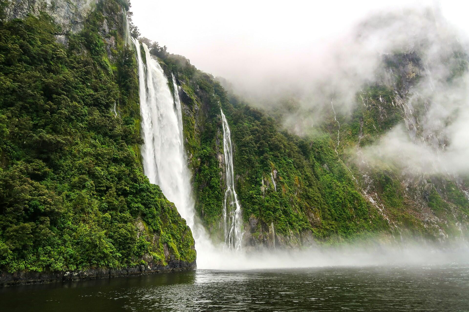 Waterfalls at Milton Sound, New Zealand.