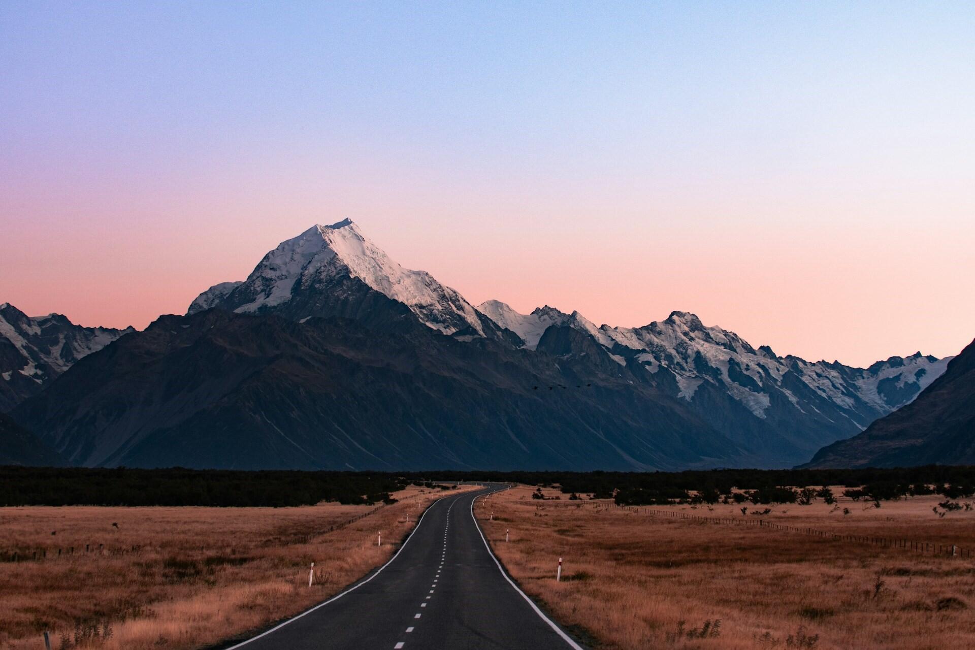 A road towards Mount Cook at sunset.