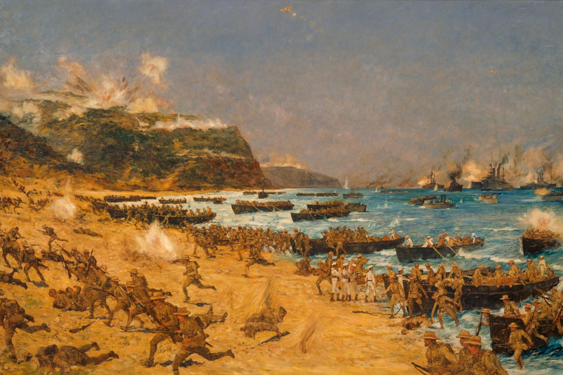 A painting of the landings at Gallipoli.