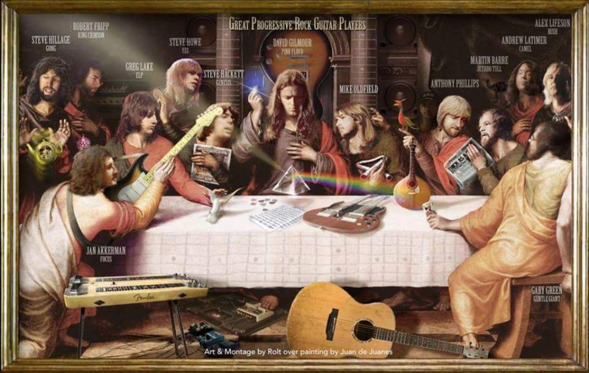 A parody mural of guitarists at the Last Supper.