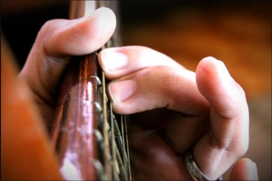 The neck of a guitar.