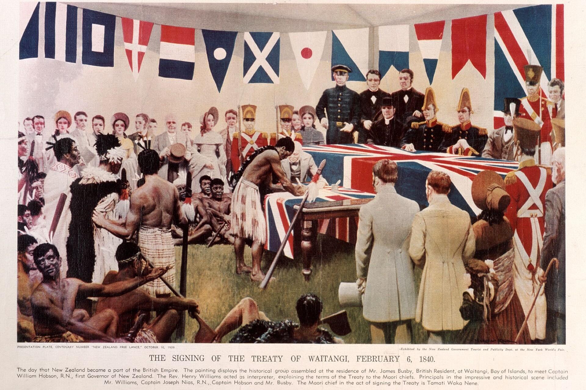 A reconstruction of the signing of the Treaty of Waitangi.