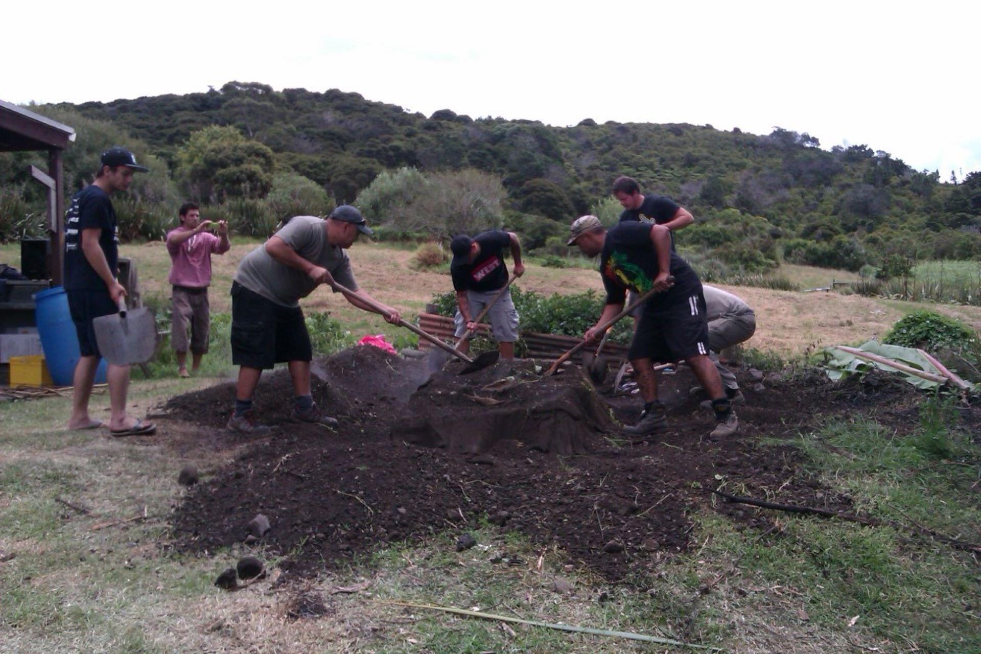 Group of people digging and covering a hāngī pit with soil outdoors