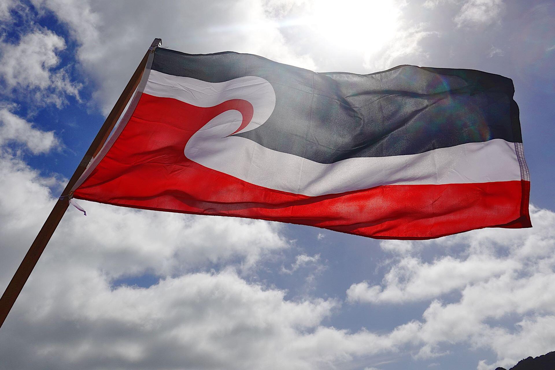 Tino Rangatiratanga Māori flag in black, white and red flying against the sky