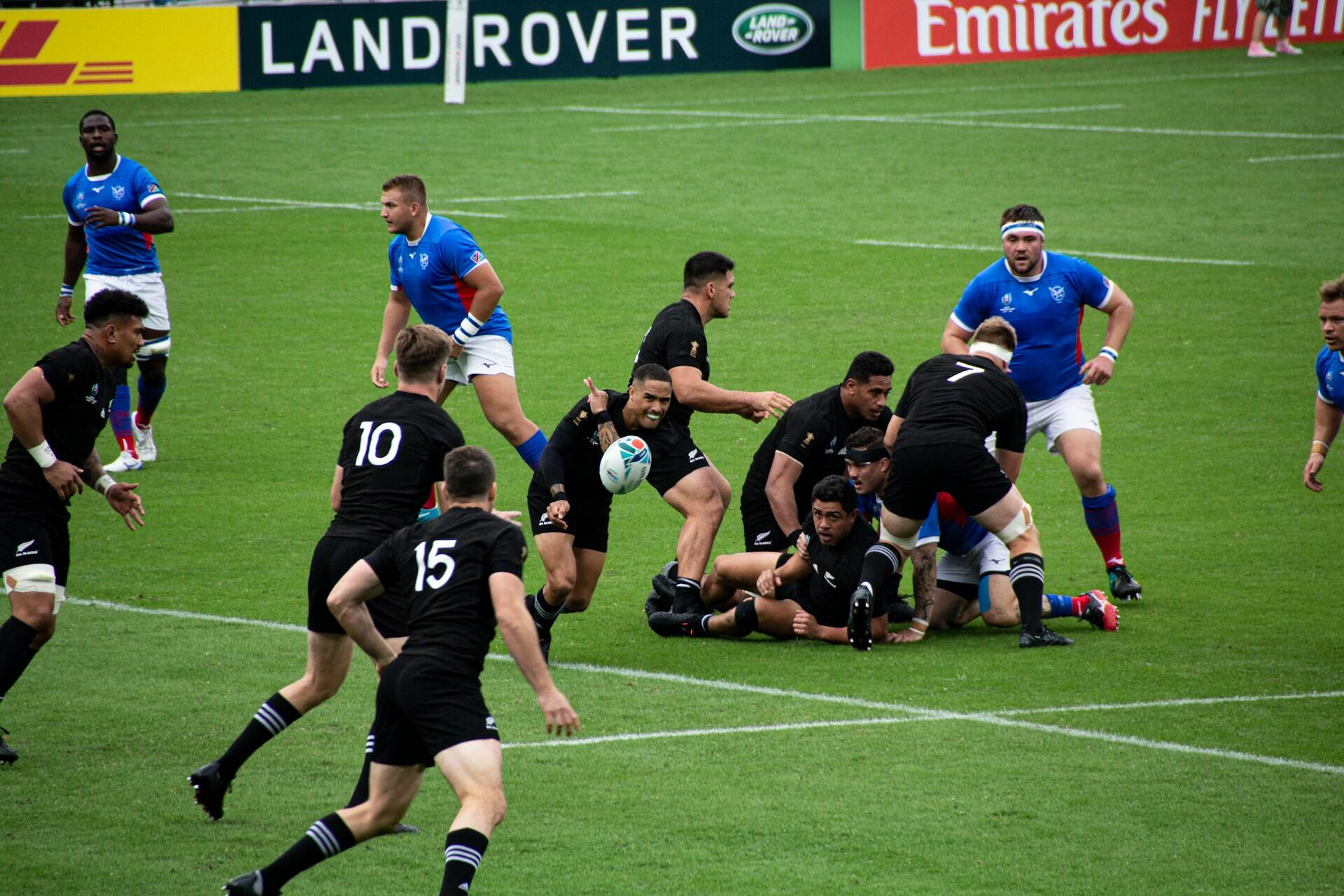 New Zealand rugby players in black during an international match