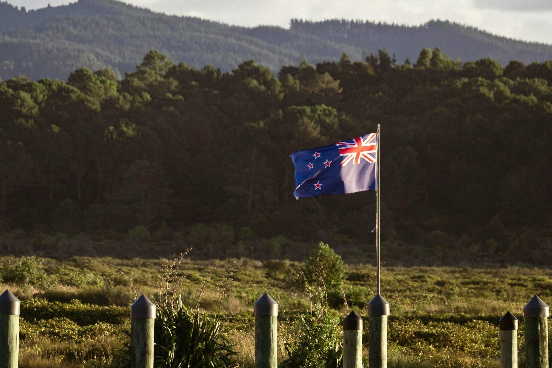 New Zealand flag flying on a flagpole with forested hills in the background