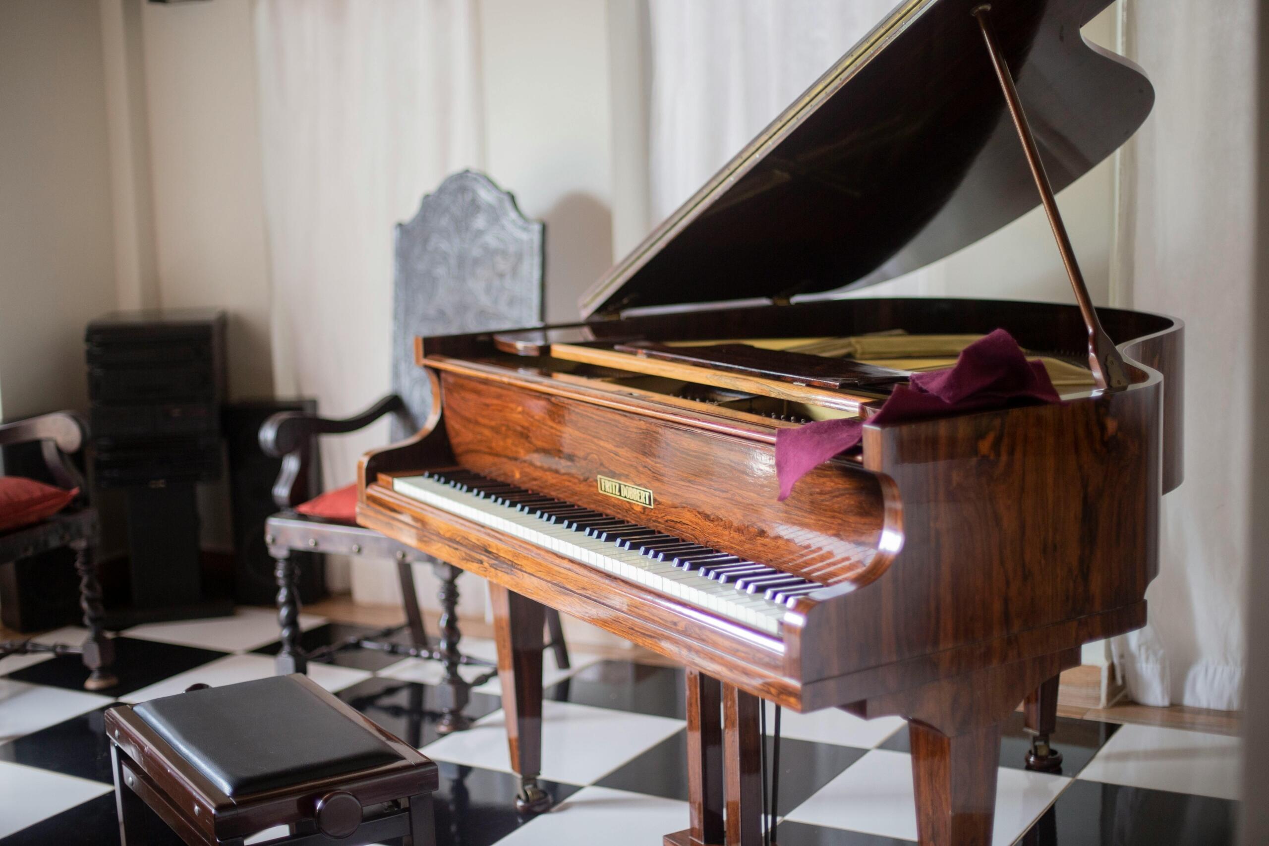 Piano De Cola Marrón Con Silla