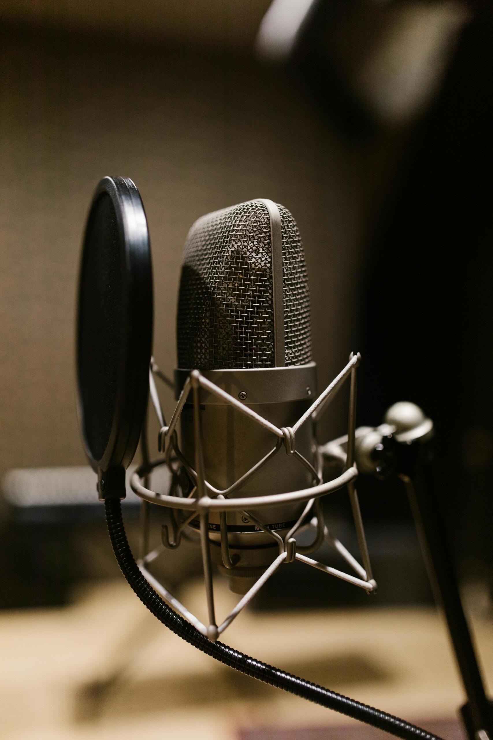 Micrófono de condensador con filtro antipop en estudio acústico, listo para grabación profesional de voz.