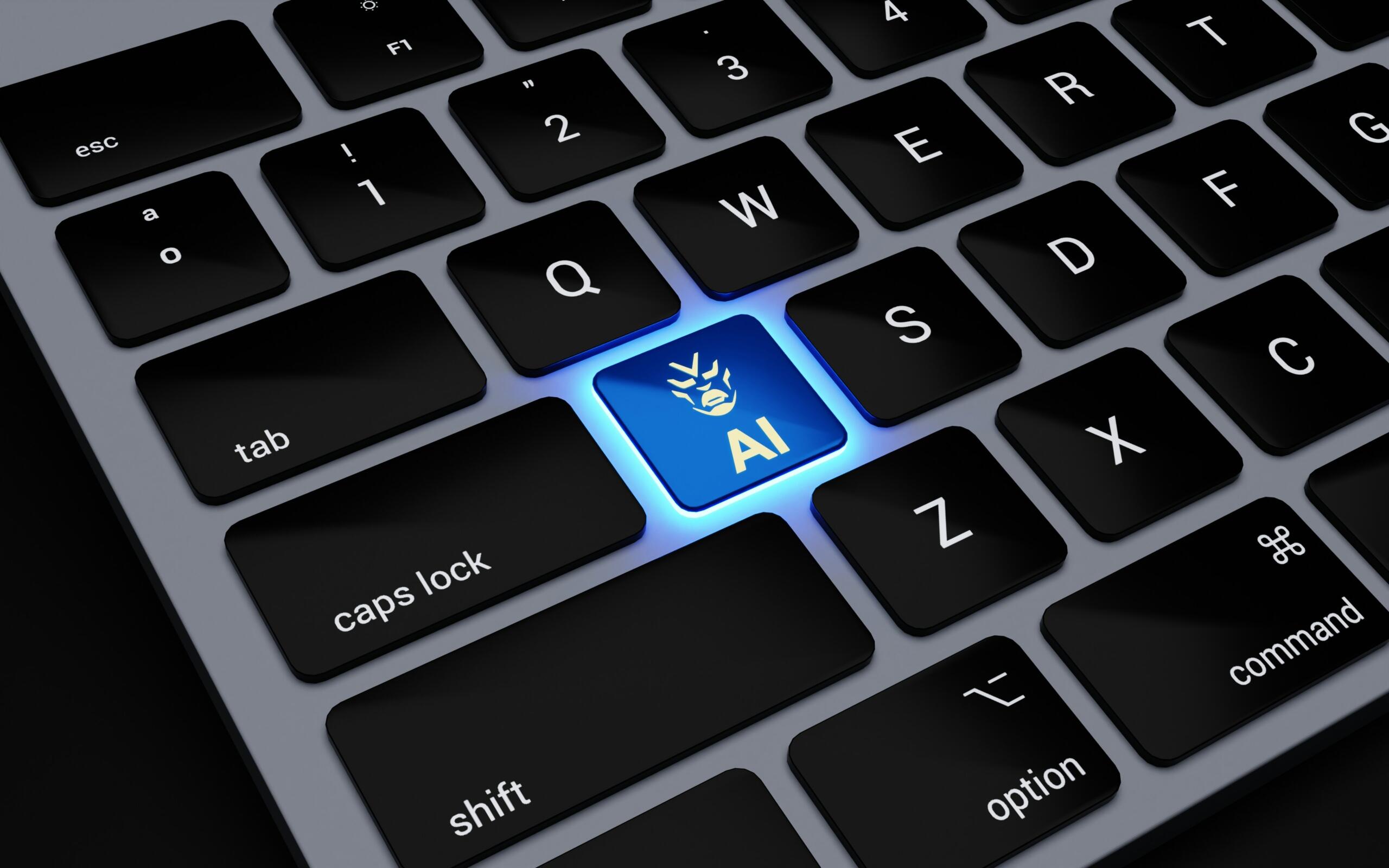 Teclado de computadora con tecla azul iluminada marcada como AI.