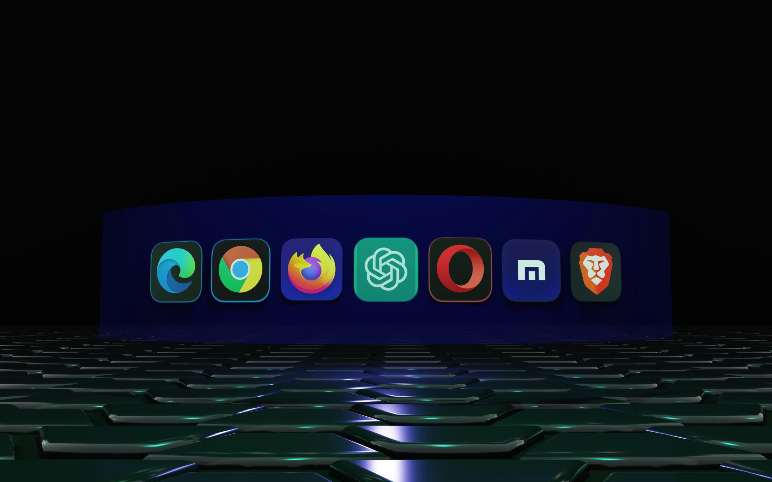 Interfaz digital con íconos de navegadores web y símbolo de IA.