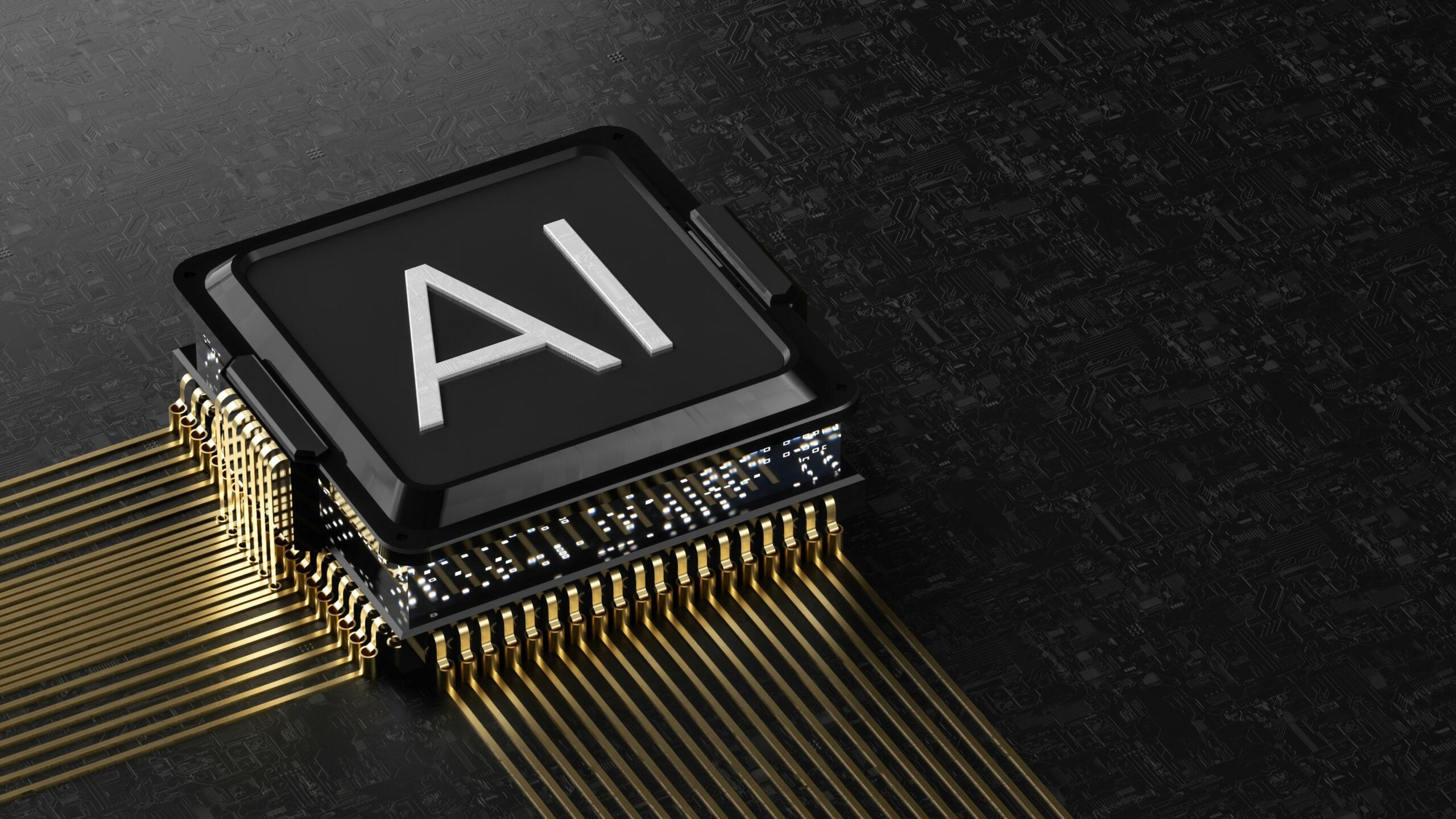 Microchip negro con la etiqueta IA conectado a un circuito dorado.