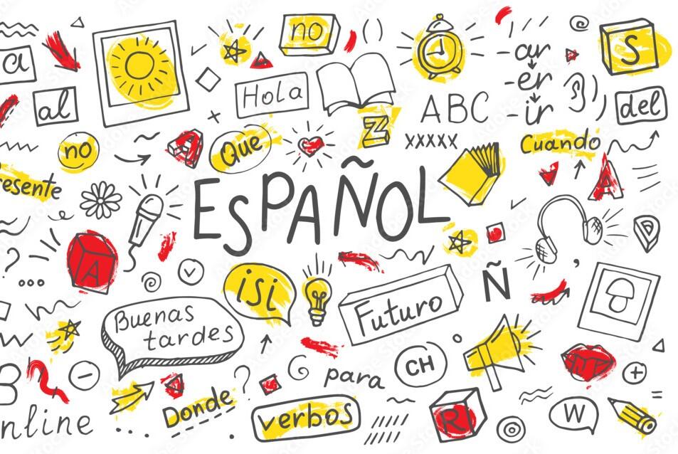 Español. Interpreter language online. Spanish language learning concept vector illustration. Doodle of foreign language education course for home online training study