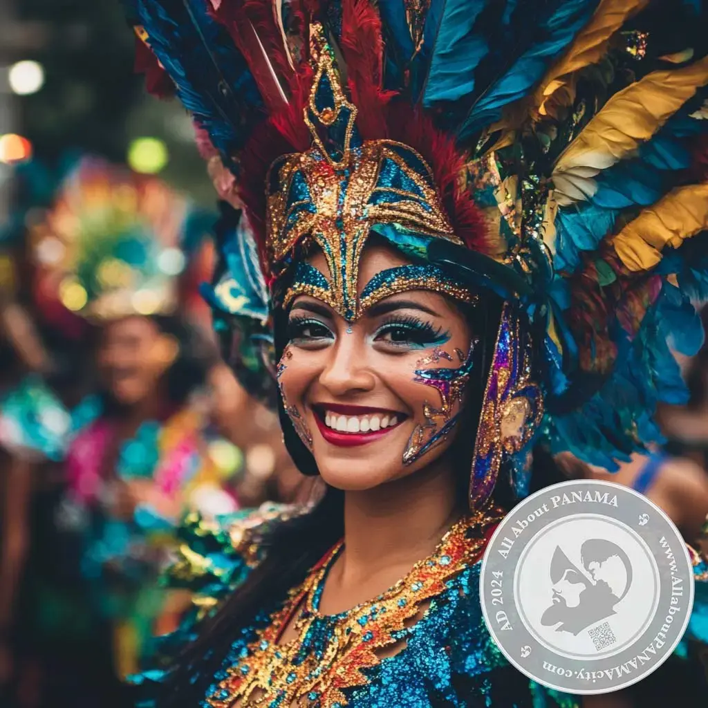 Comparsera con tocado de plumas coloridas y maquillaje brillante sonriendo durante el Carnaval de Panamá.