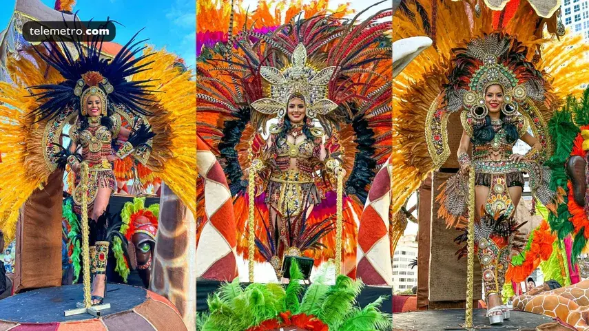 Tres reinas del carnaval panameño con vestuarios de plumas coloridas durante el desfile.