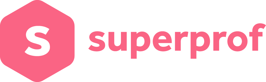 Logotipo oficial de Superprof con isotipo hexagonal rosa coral con la letra S junto al nombre de la marca en tipografía moderna sobre fondo negro.