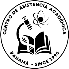 Logotipo circular en blanco y negro del Centro de Asistencia Académica de Panamá fundado en 1990, con íconos de microscopio, ADN, libro abierto y átomo representando ciencias y educación.