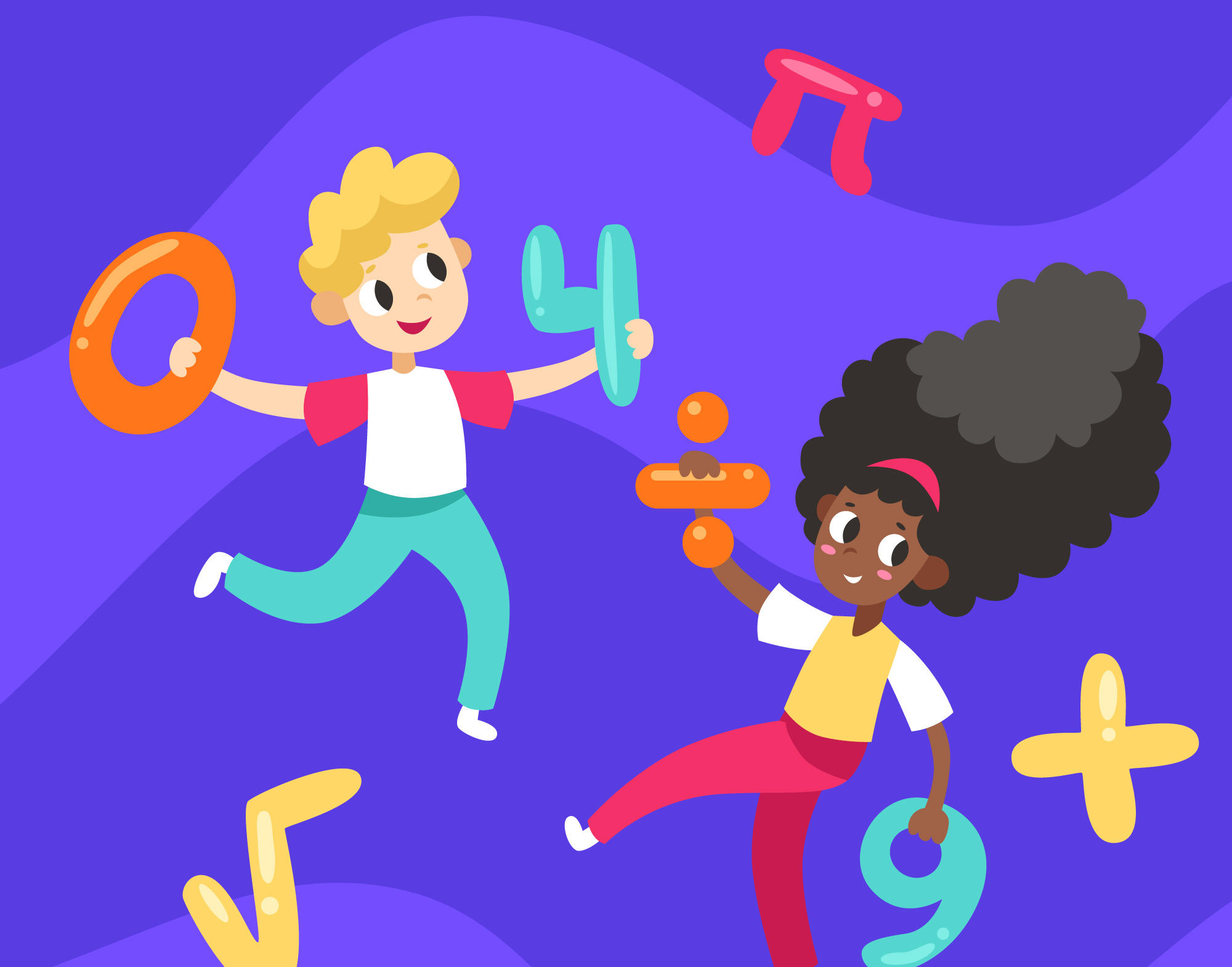 niños en dibujos animados con numeros de colores flotando alrededor