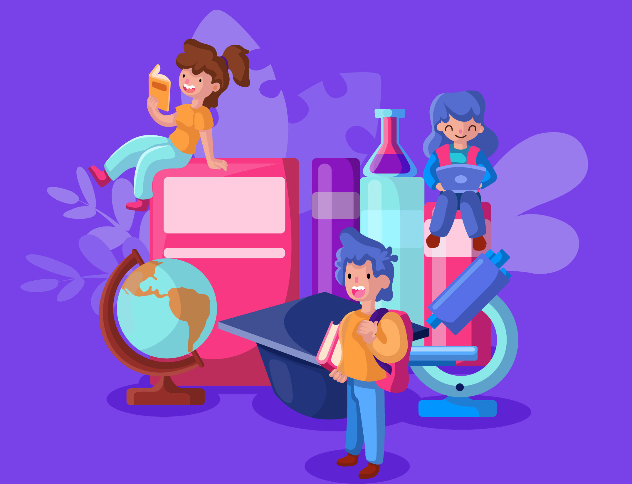 ilustración de personas con libros, globo terráqueo, microscopio y más elementos presentando las ciencias