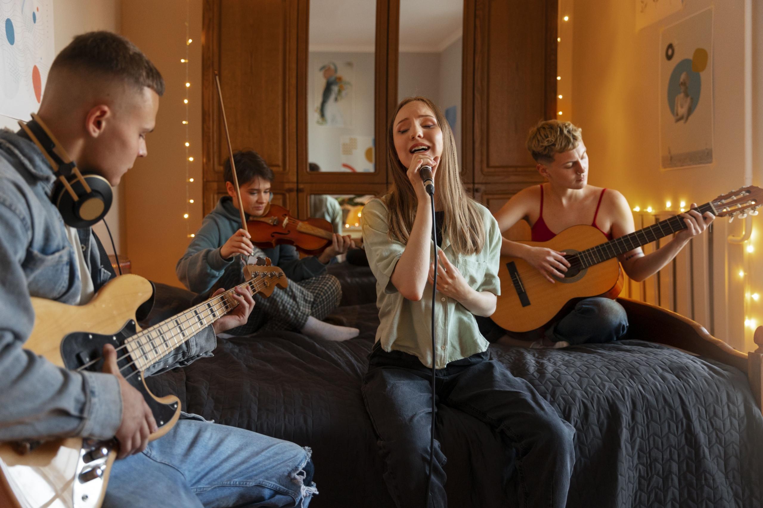 grupo de jovenes con guitarras, violin y una cantante en un dormitorio