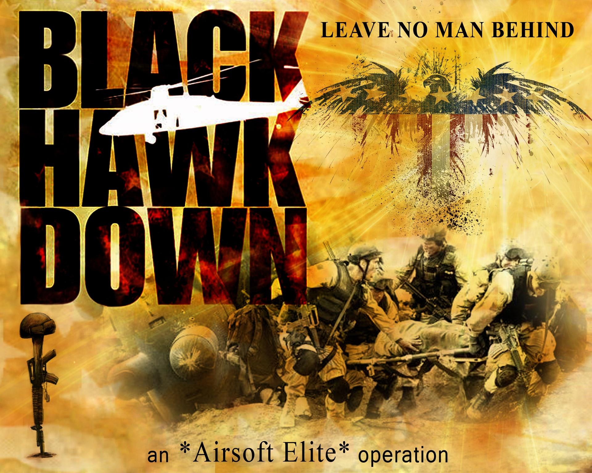 wallpaper de la pelicula Black Hawk Down con soldados y silueta de un helicóptero en la imagen