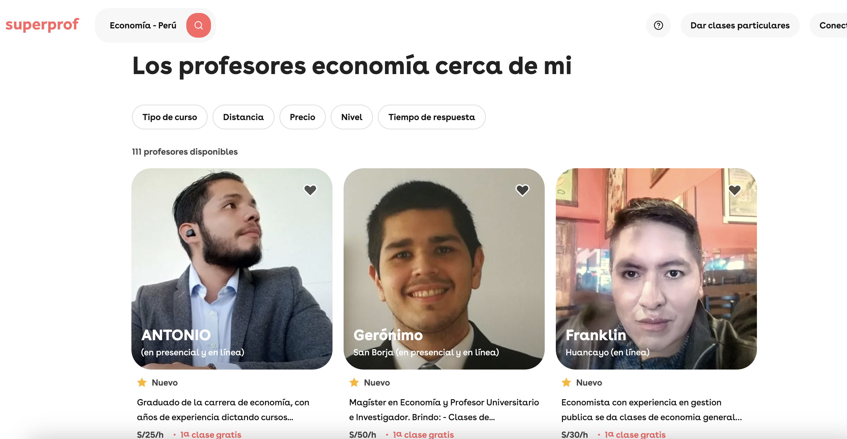 Vista previa de profesores de economía en plataformas Superprof Perñu