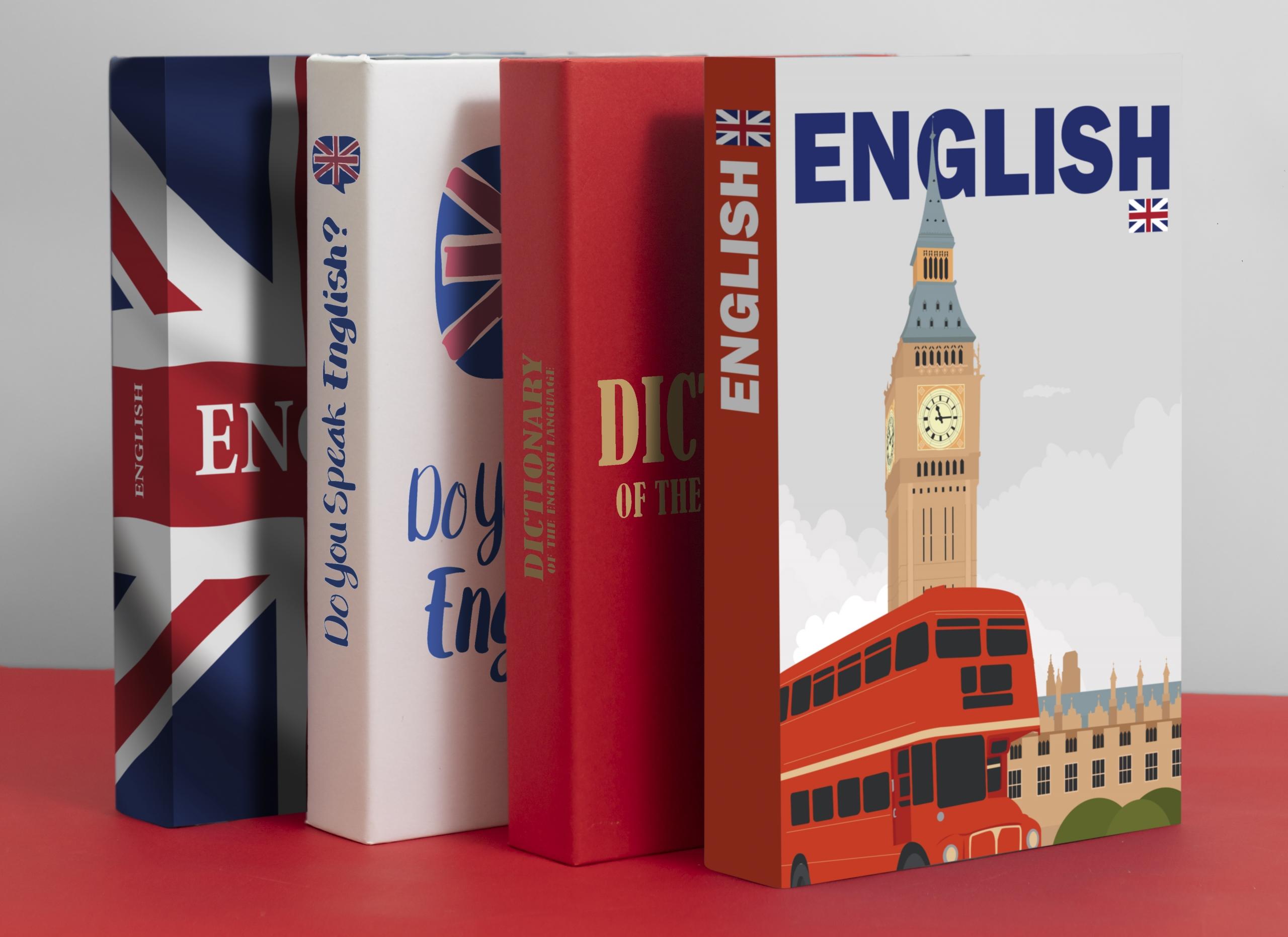 vista de 3 libros de inglés diferentes y 1 diccionario
