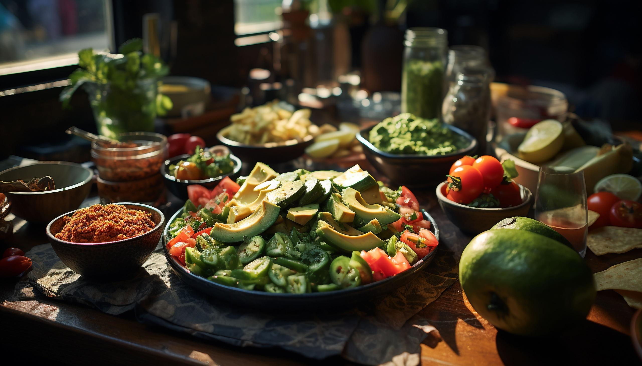 mesa llena de vegetales y diferentes platillos vegetarianos