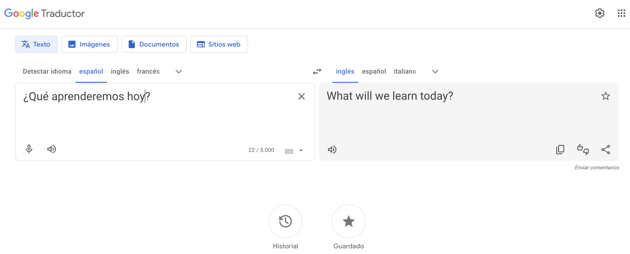 vista del traductor Google con la frase ¿qué aprenderemos hoy? con su traducción al inglés