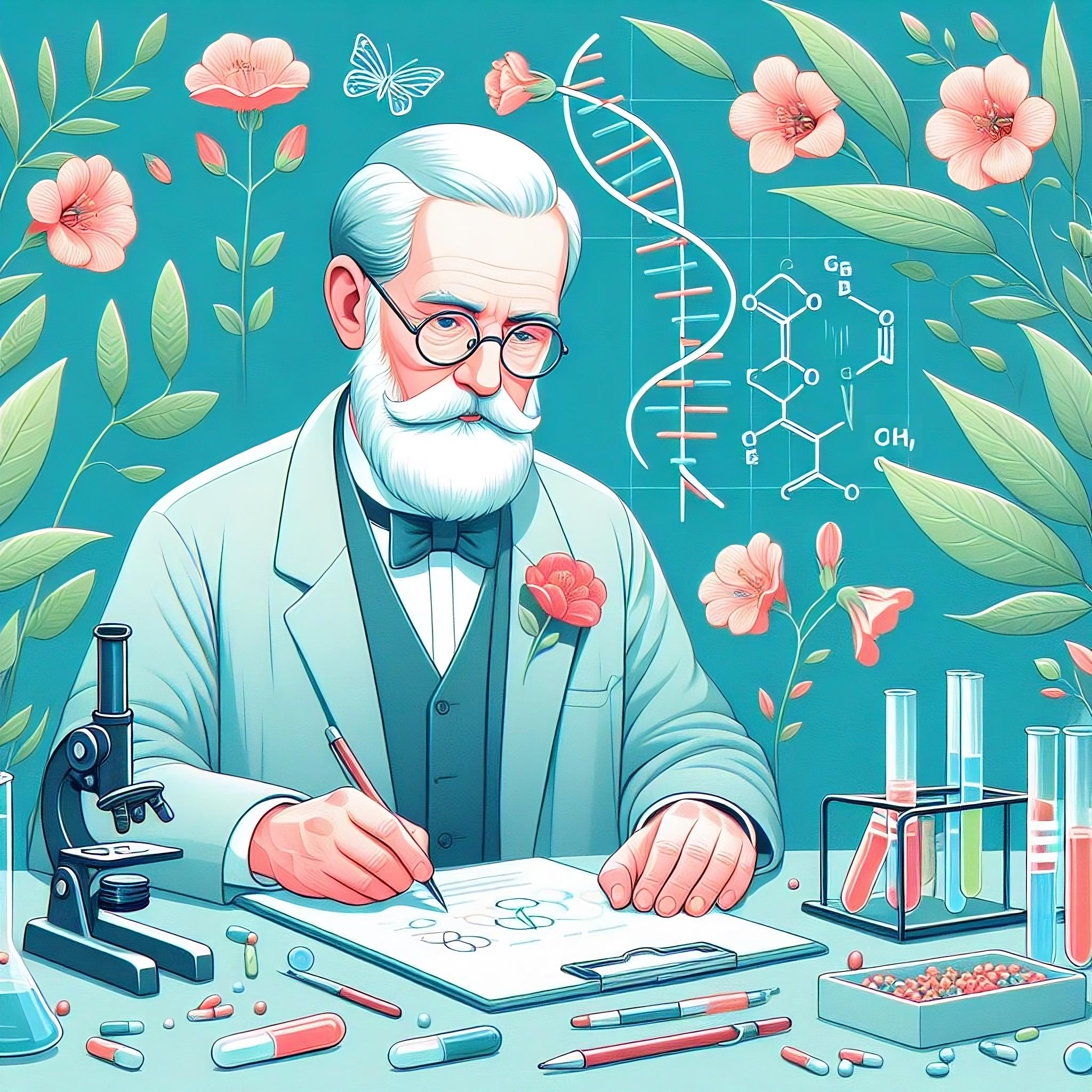 imagen de cientifico en su laboratorio genetica con plantas y ADN a su alrededor