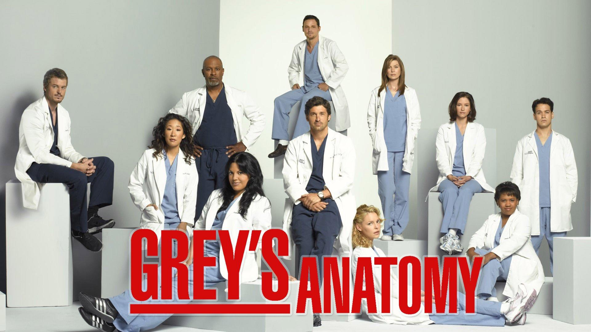 vista del elenco de la serie Greys anatomy con sus trajes médicos y el nombre Grey's Anatomy escrito en letras rojas
