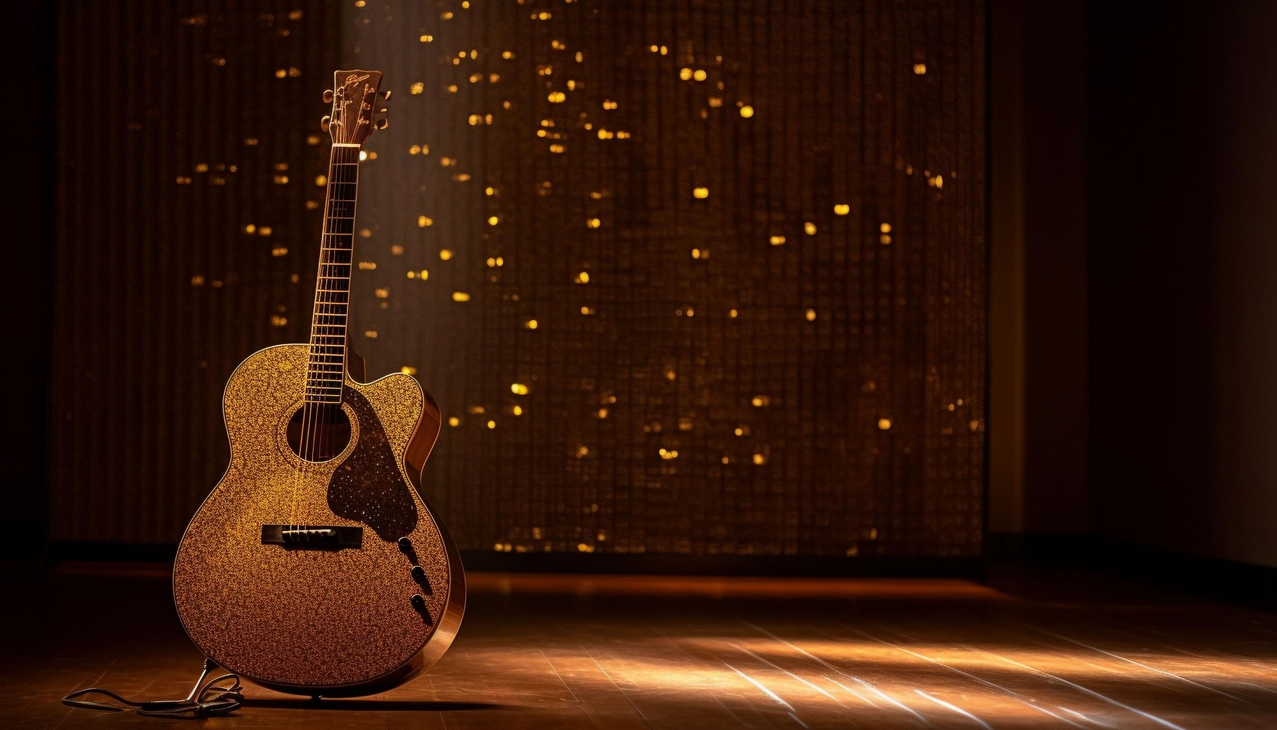 guitarra sola en su parante con fondo de lucecitas doradas