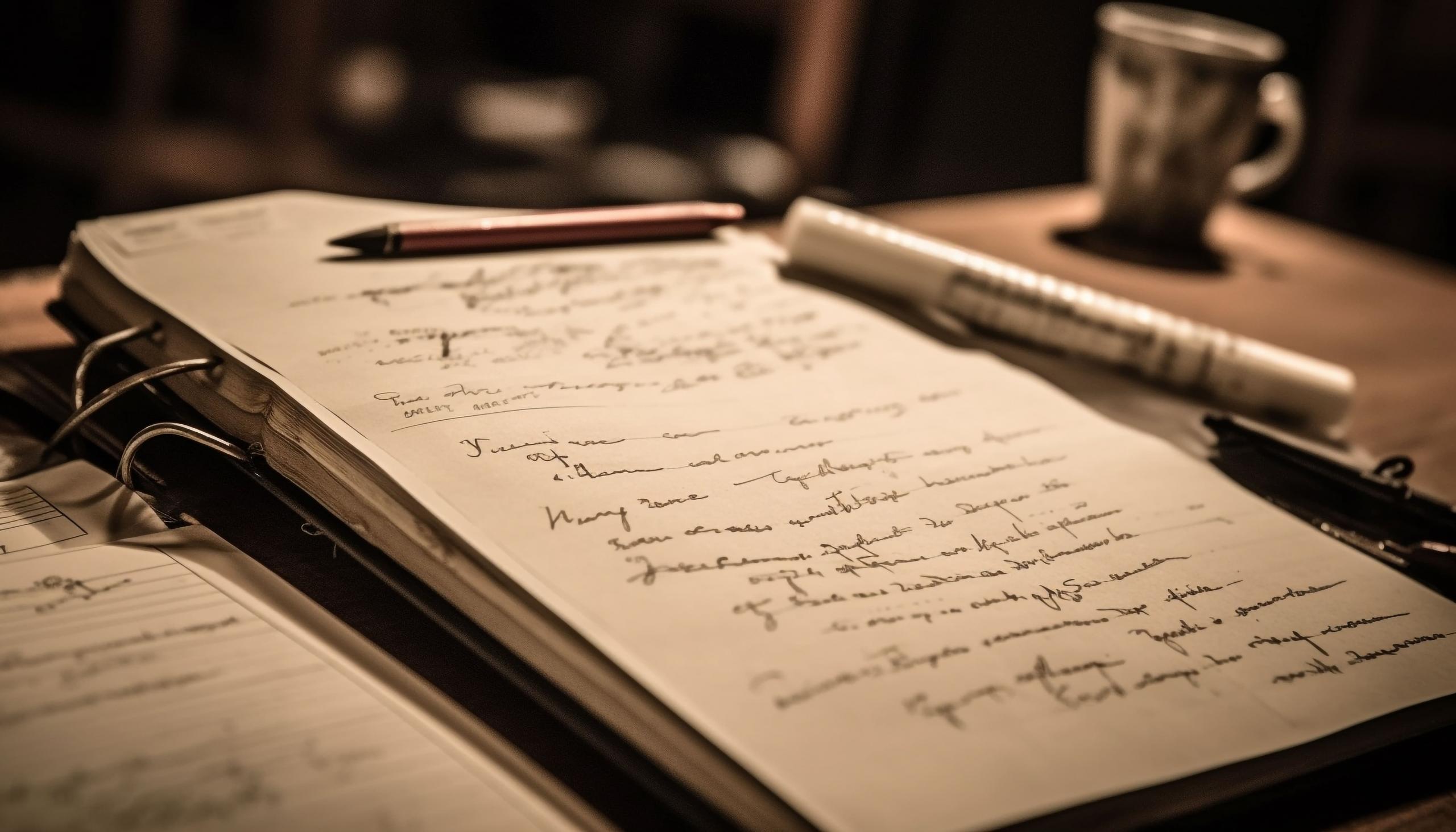 paginas de poemas escritos a mano sobre un escritorio rodeado de lapiceros