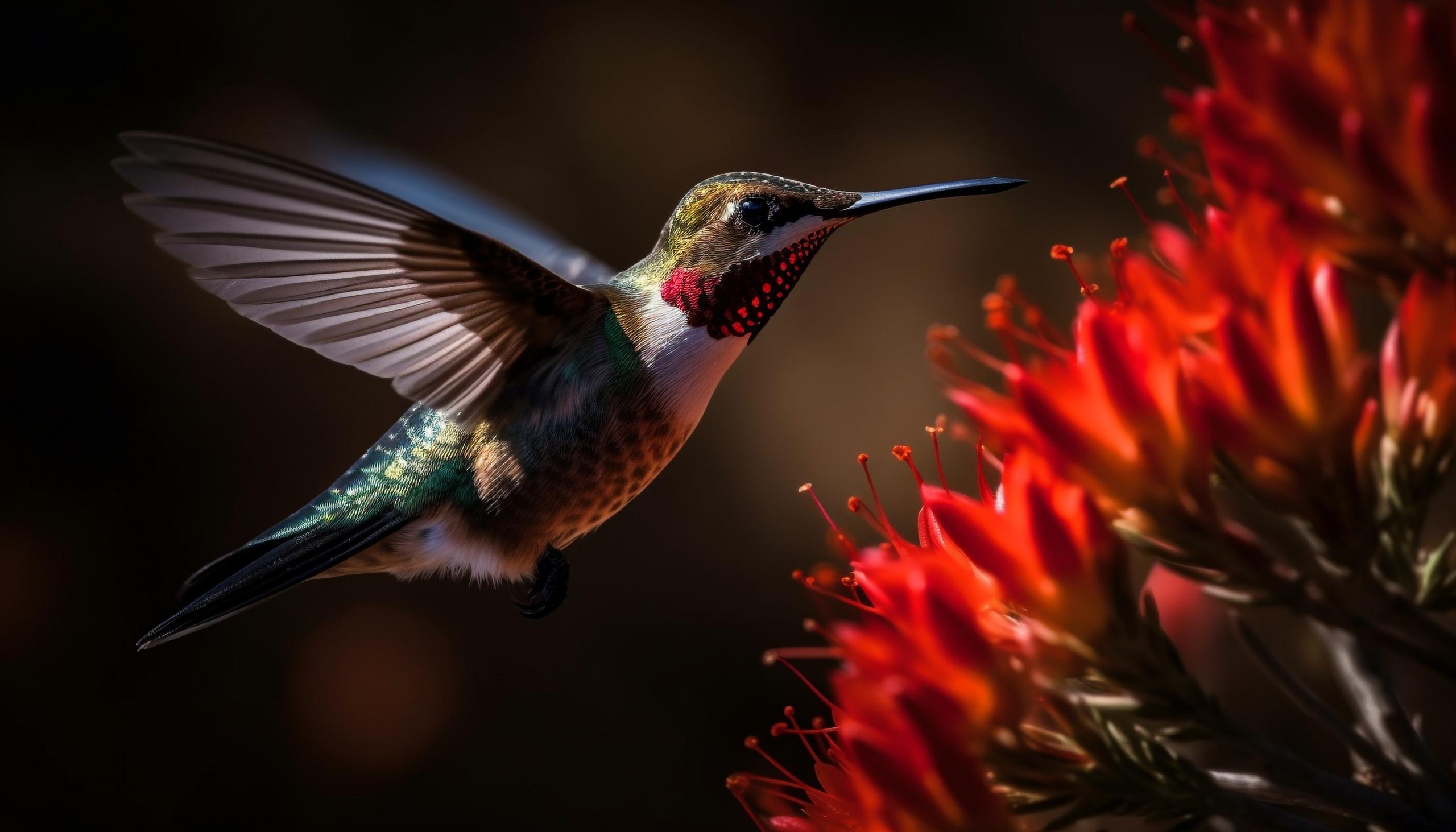 colibri volando junto a unas flores rojas