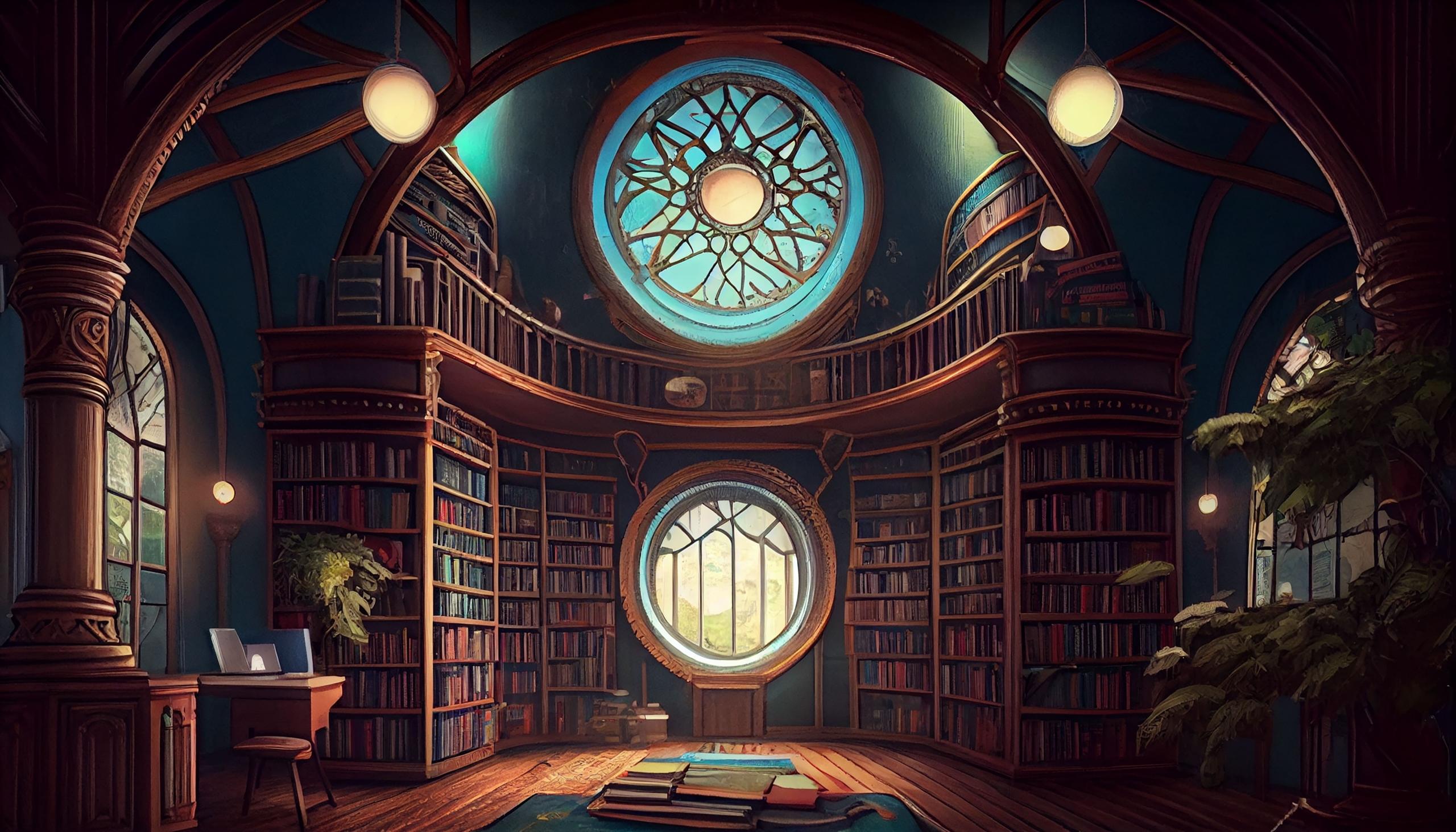 biblioteca de fantasia con un gran vitral en medio y estanterías con varios libros