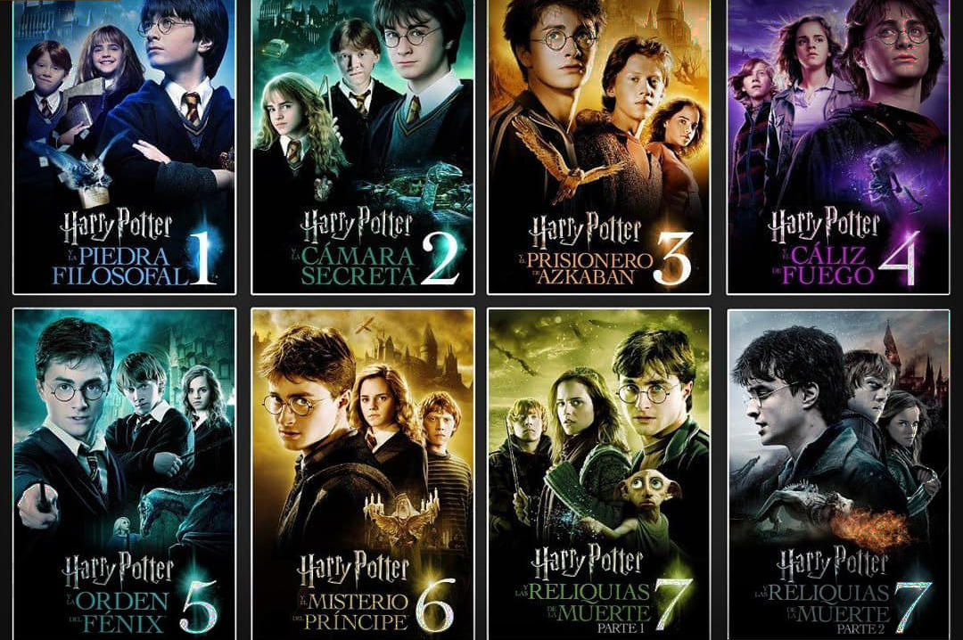 secuencia de portadas con todas las peliculas de Harry Potter ordenadas del 1 al 7
