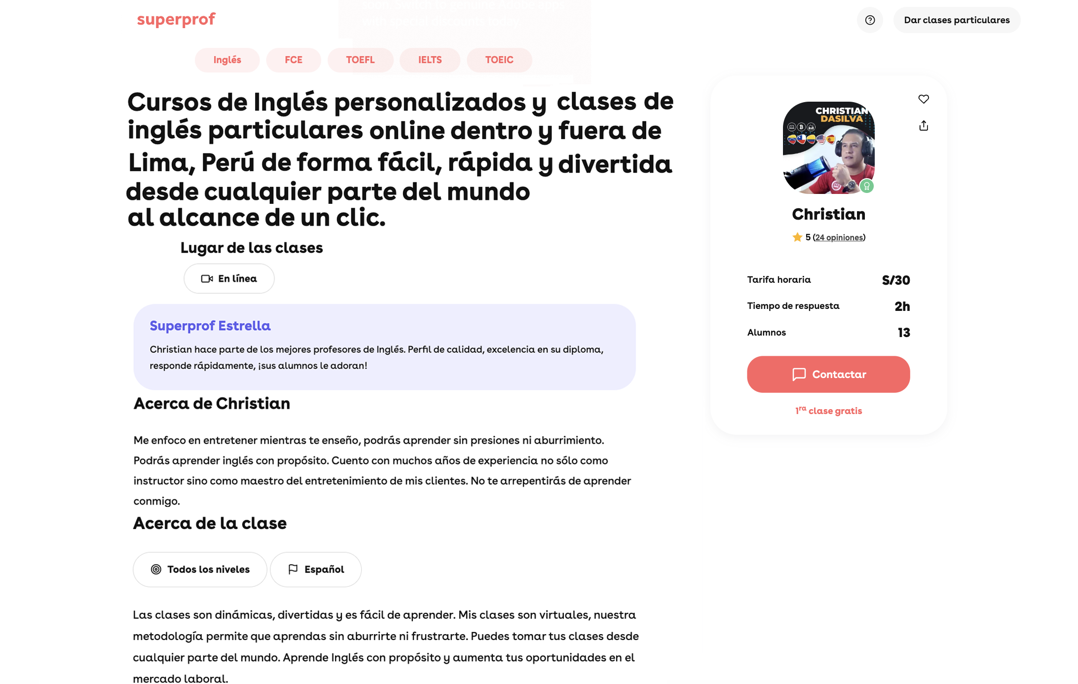perfil de un superprof estrella de Perú en la web