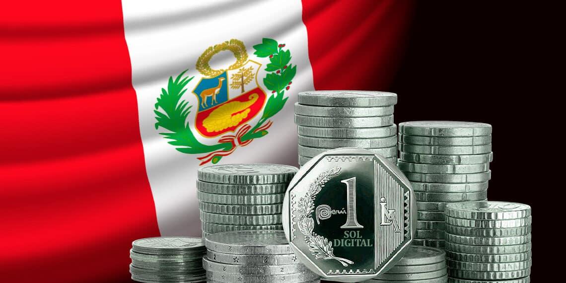 Bandera del Perú con sus monedas apiladas y mostrando una moneda de 1 sol en primer plano