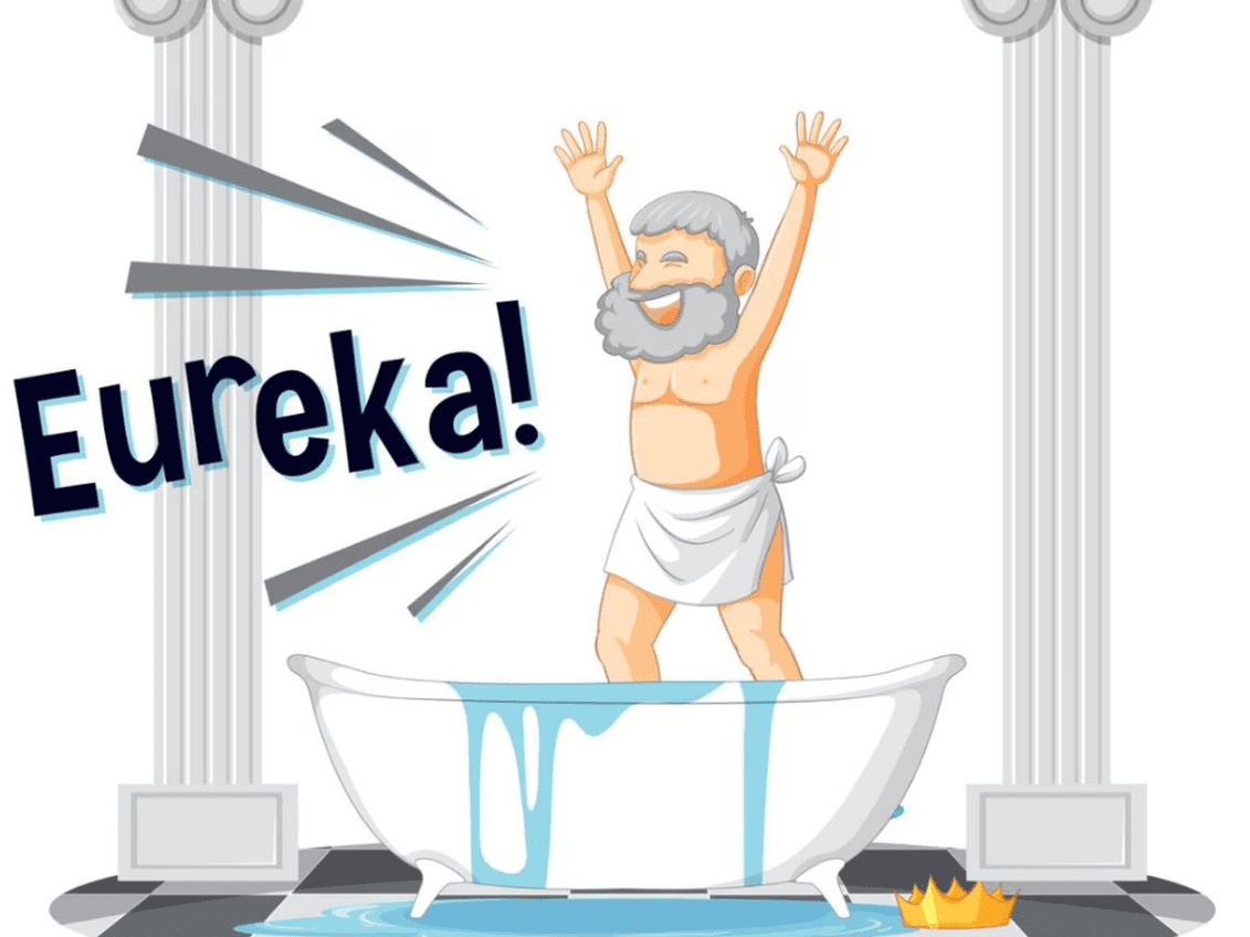 ilustración de anciano de pie en una bañera gritando eureka