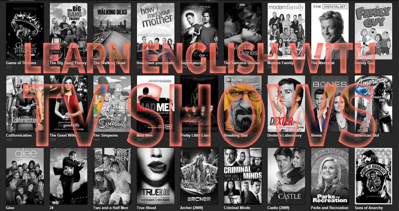 Frase LEARN ENGLISH WITH TV SHOWS sobre un fondo llena de portadas de varias series famosas
