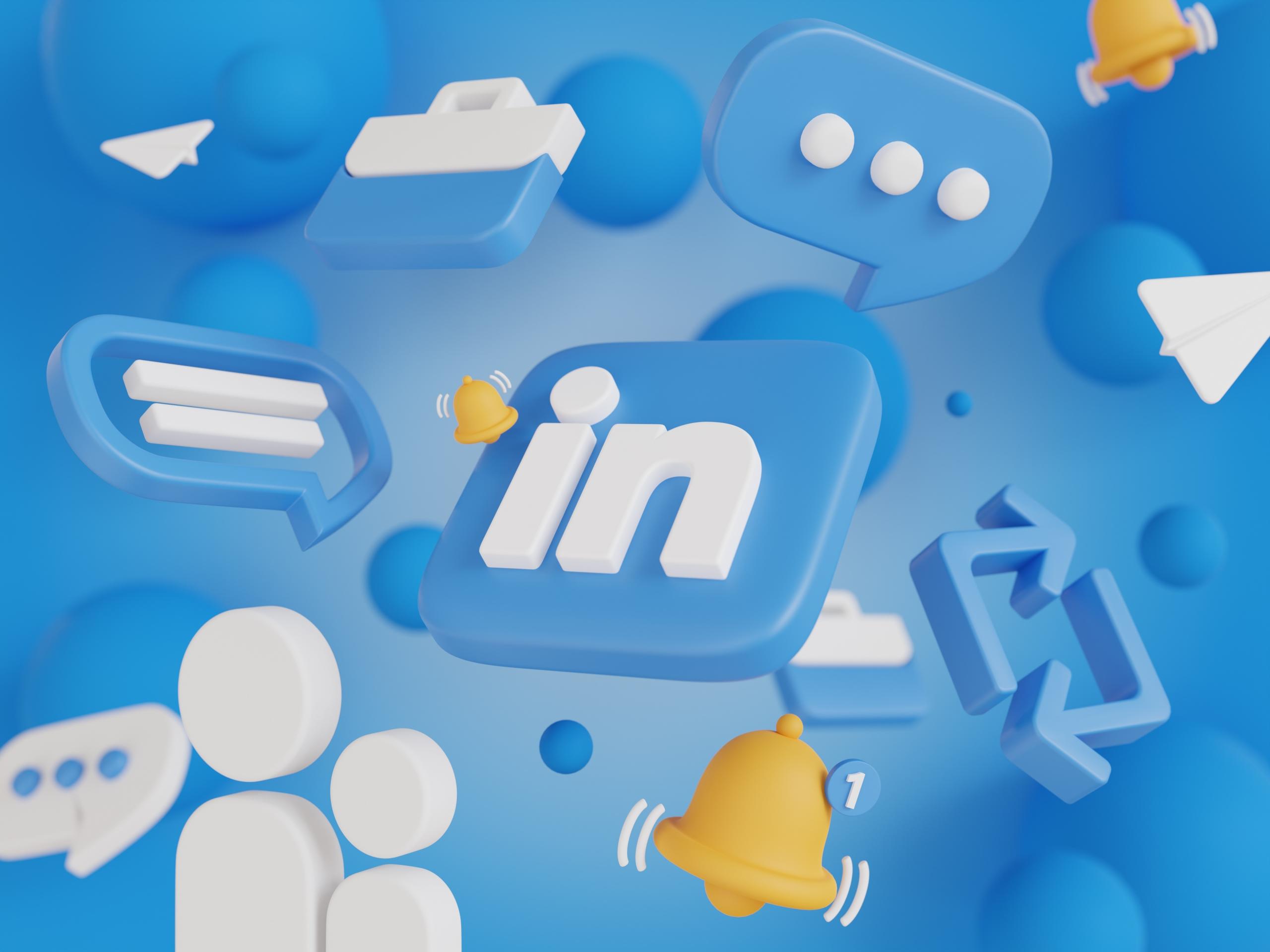 logo Linkedin con un collage de iconos de las funciones de esta herramienta: notificaciones, chat, conexiones