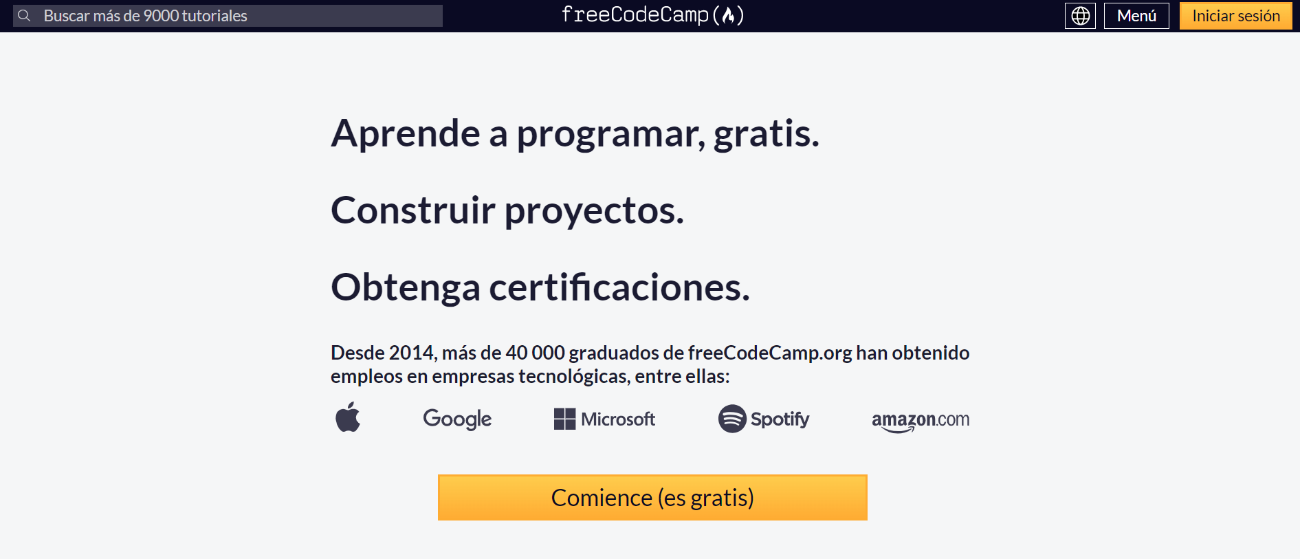 Pantalla de inicio de Free Code Camp