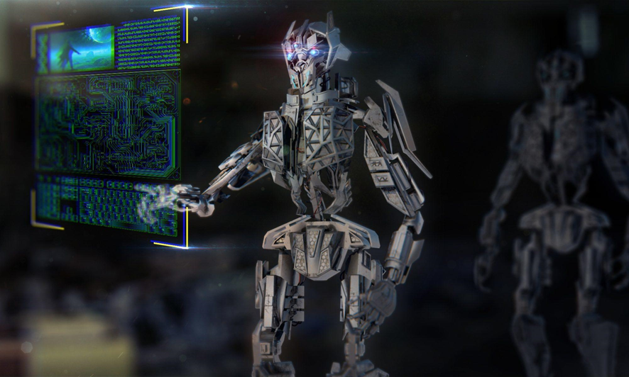 Un robot programando en una pantalla oleografica