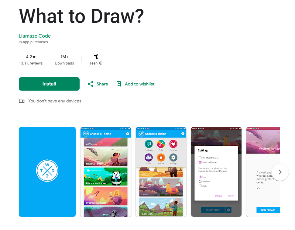 La app "What to Draw" en la Play Store